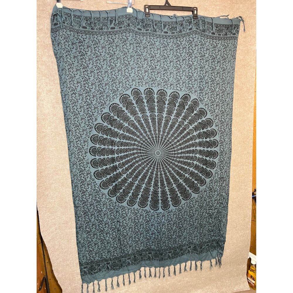 Mandala Shawl Wrap Teal Blue Black Fringe Boho Paisley Scarf Sarong OS